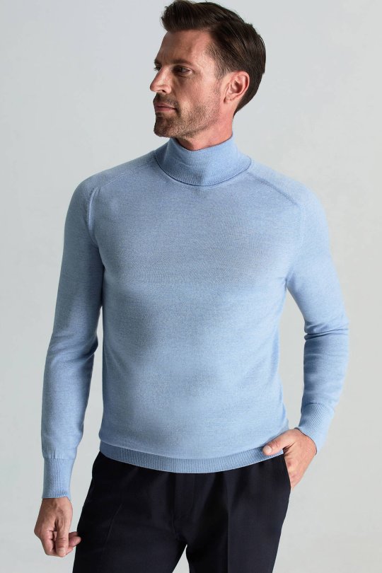 Gök Mavisi Boğazlı Slim Fit Merino Yün Triko