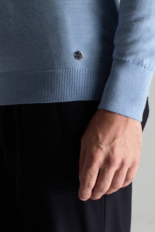 Gök Mavisi Boğazlı Slim Fit Merino Yün Triko