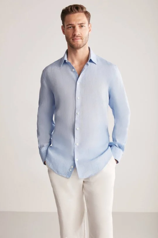 Hemington - Gök Mavisi Saf Keten Spor Gömlek (4)