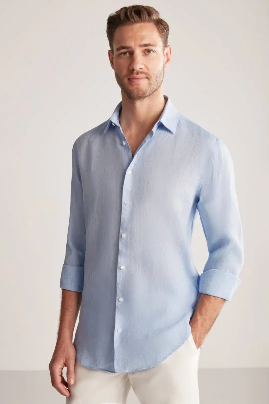 Hemington - Gök Mavisi Saf Keten Spor Gömlek (1)