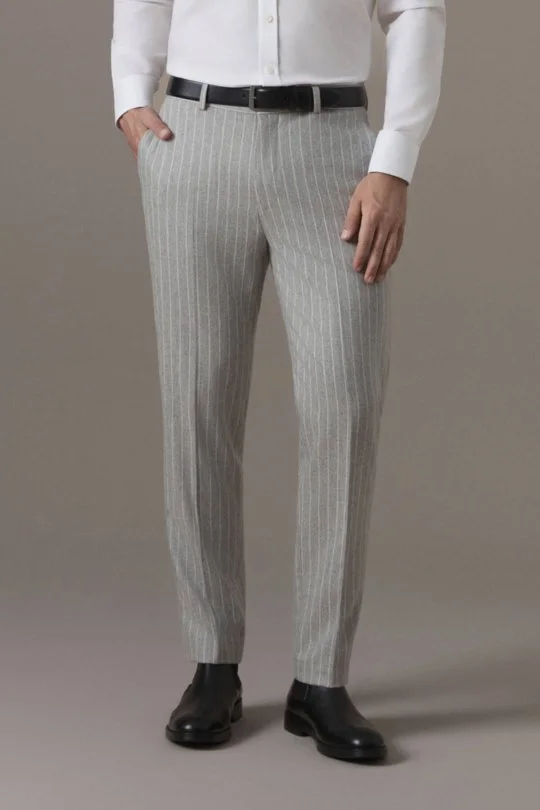 Gri Beyaz Chalkstripe Desen Flanel Pantolon