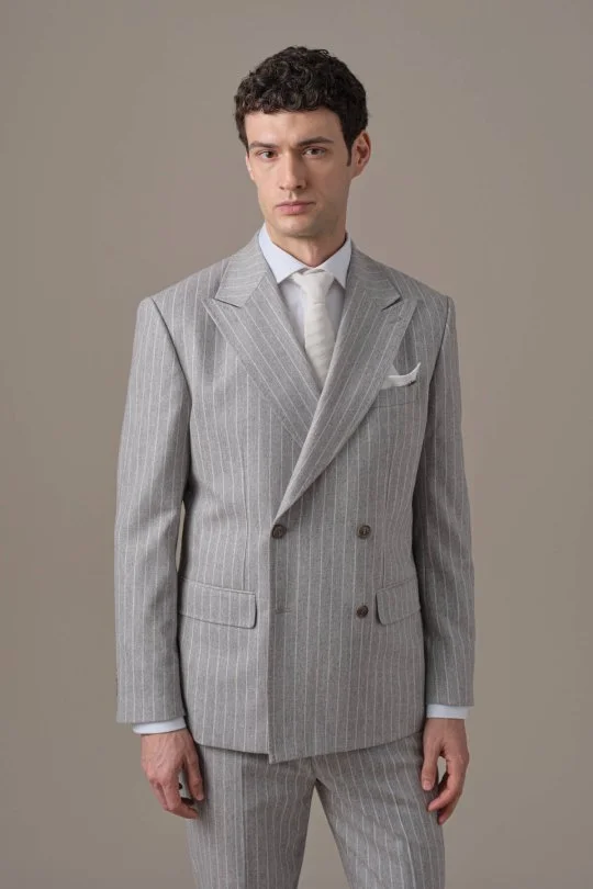 Hemington - Gri Beyaz Chalkstripe Desen Kruvaze Ceket (1)