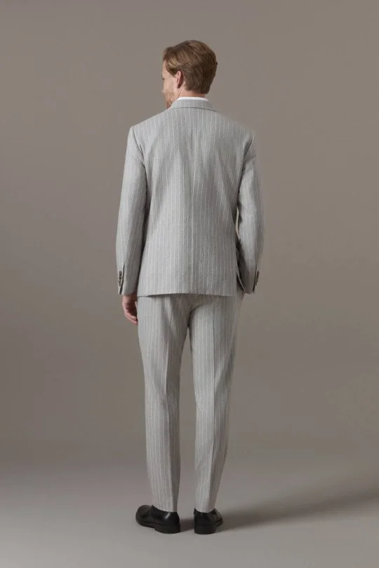Gri Beyaz Chalkstripe Desen Kruvaze Ceket