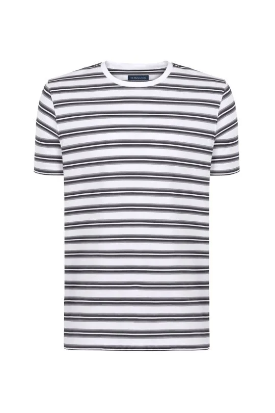 Hemington - Beyaz Gri Çizgili Bisiklet Yaka Saf Pamuk T-Shirt (6)