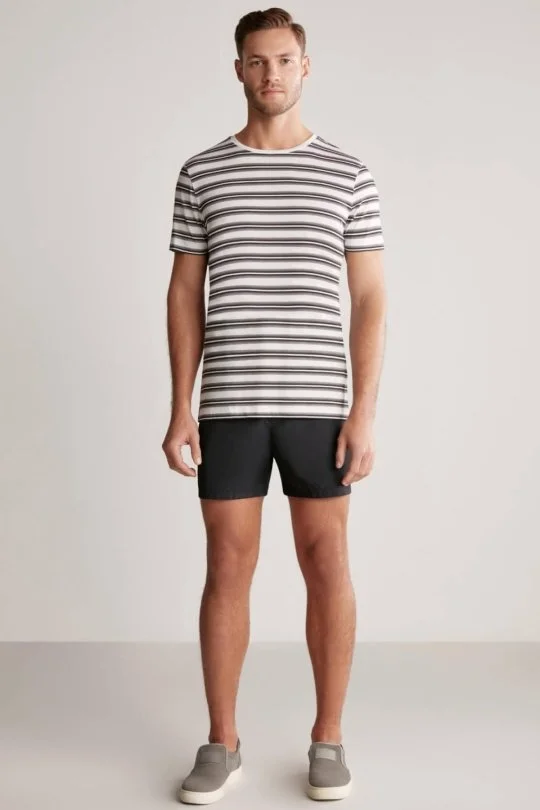 Hemington - Beyaz Gri Çizgili Bisiklet Yaka Saf Pamuk T-Shirt (1)