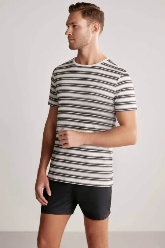Hemington - Beyaz Gri Çizgili Bisiklet Yaka Saf Pamuk T-Shirt (2)