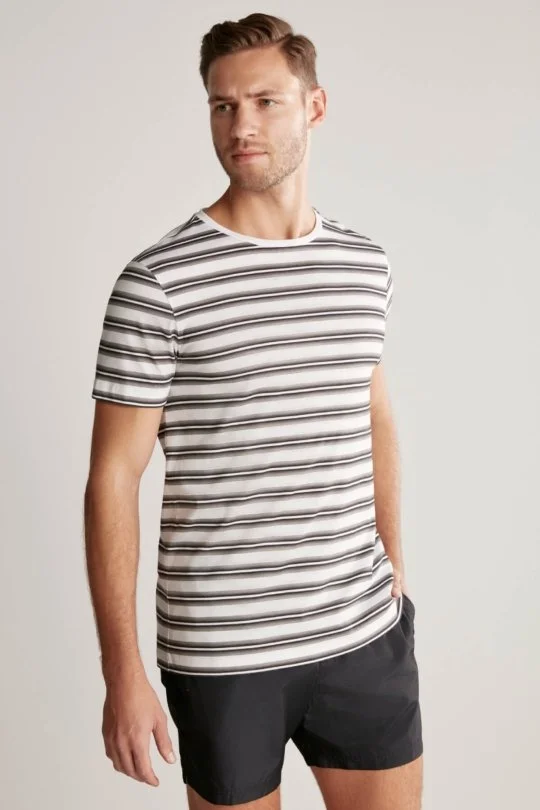 Hemington - Beyaz Gri Çizgili Bisiklet Yaka Saf Pamuk T-Shirt (4)