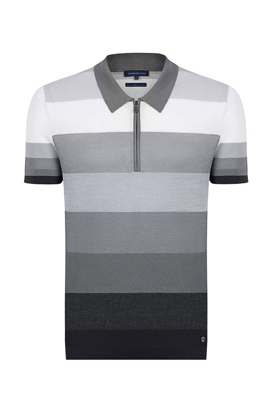 Gri Çizgili Fermuarlı Yaka Merserize Pamuk Triko Polo