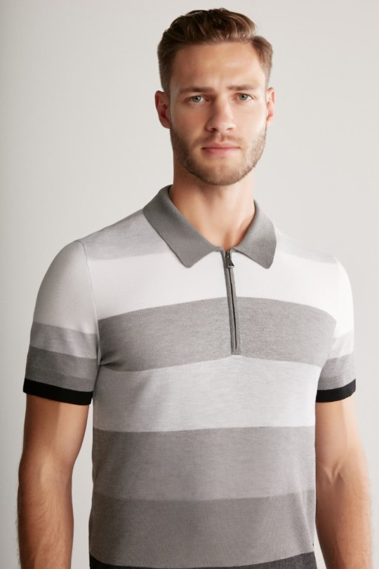 Gri Çizgili Fermuarlı Yaka Merserize Pamuk Triko Polo