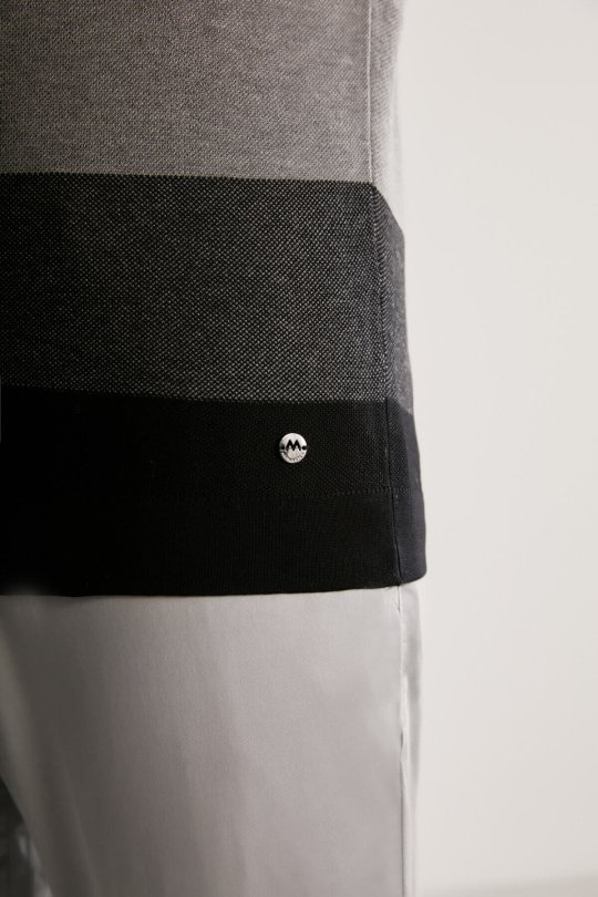 Gri Çizgili Fermuarlı Yaka Merserize Pamuk Triko Polo