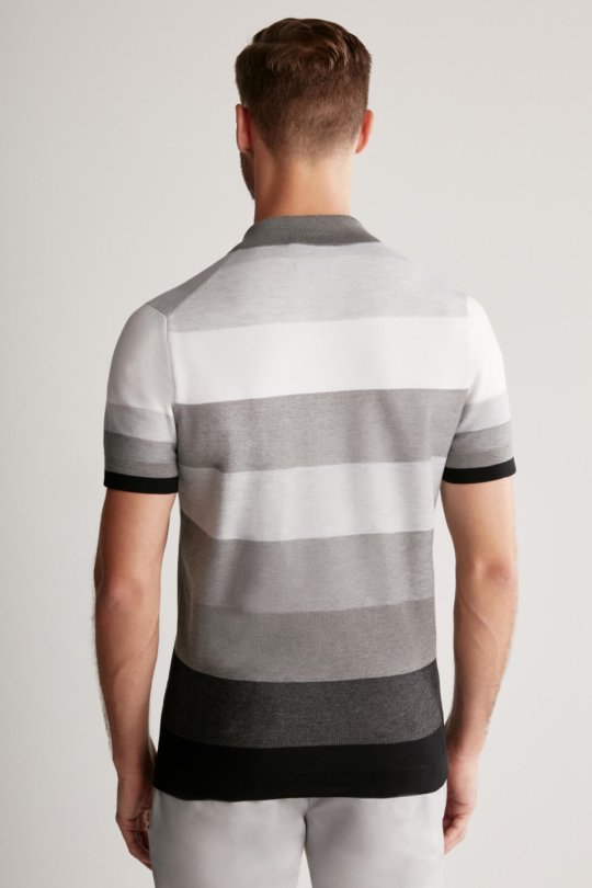 Gri Çizgili Fermuarlı Yaka Merserize Pamuk Triko Polo