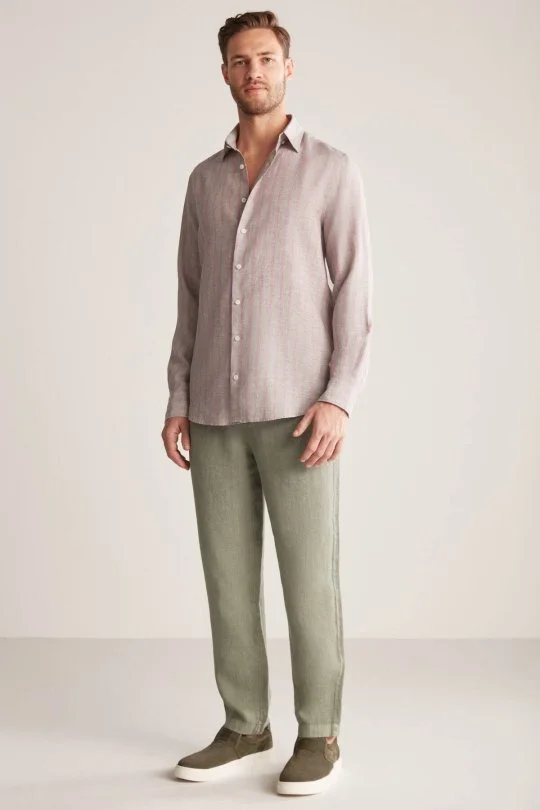 Haki-Bordo Çizgili Gizli Düğme Saf Keten Gömlek