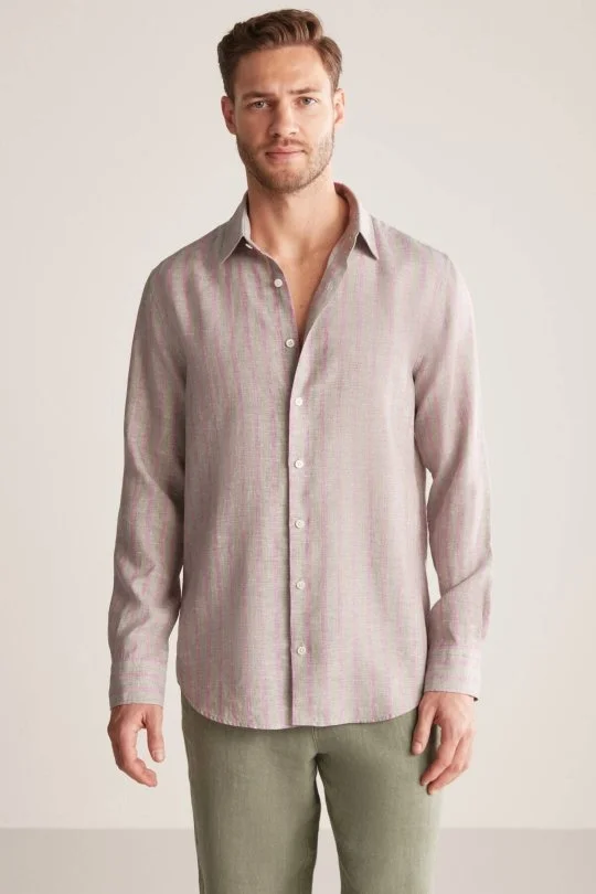 Haki-Bordo Çizgili Gizli Düğme Saf Keten Gömlek