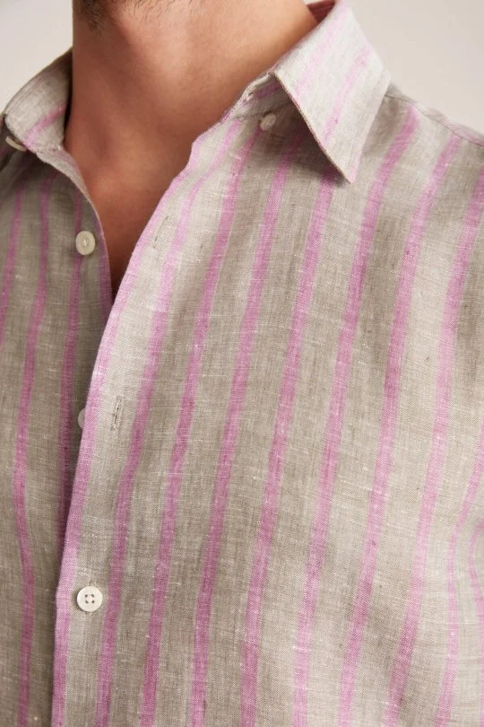 Haki-Bordo Çizgili Gizli Düğme Saf Keten Gömlek