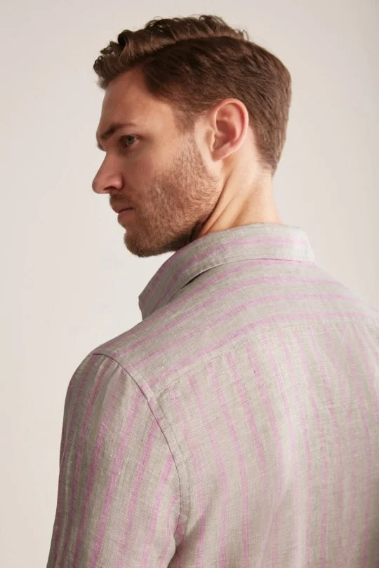 Haki-Bordo Çizgili Gizli Düğme Saf Keten Gömlek