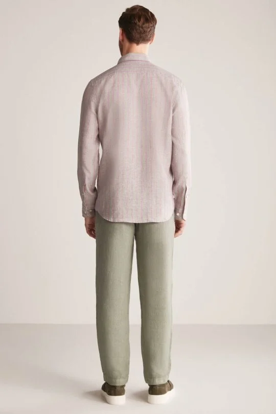 Haki-Bordo Çizgili Gizli Düğme Saf Keten Gömlek