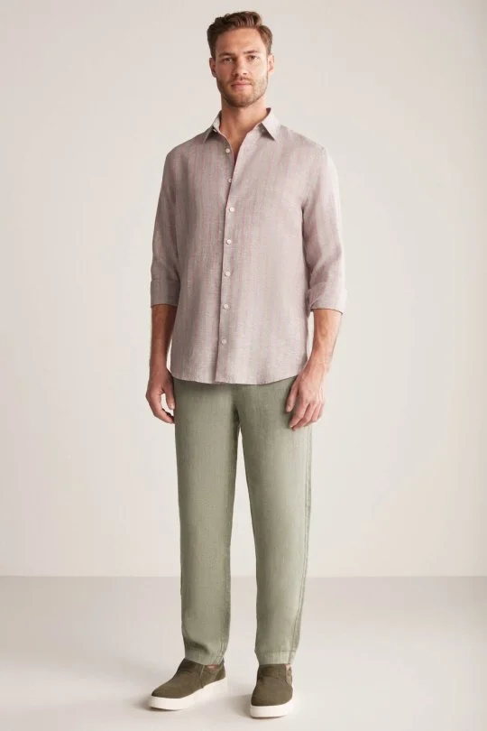 Haki-Bordo Çizgili Gizli Düğme Saf Keten Gömlek