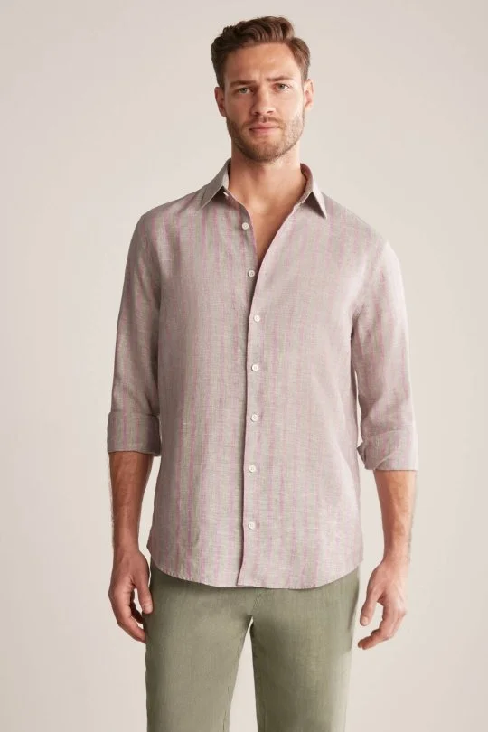 Haki-Bordo Çizgili Gizli Düğme Saf Keten Gömlek