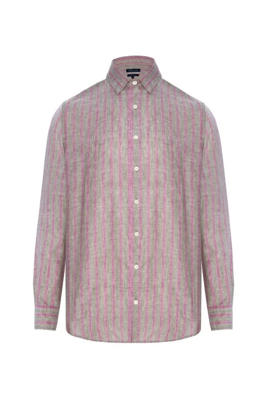 Haki-Bordo Çizgili Gizli Düğme Saf Keten Gömlek