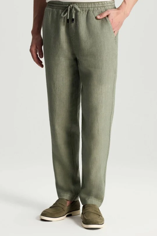 Hemington - Saf Keten Bağcıklı Haki Pantolon (1)