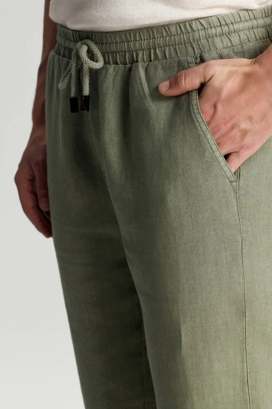 Hemington - Saf Keten Bağcıklı Haki Pantolon (3)