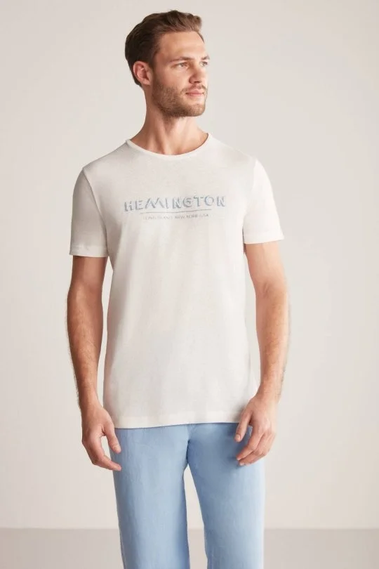 Hemington - Hemington Baskılı Keten Pamuk Karışım Beyaz T-Shirt (3)