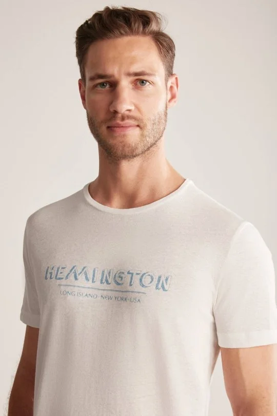 Hemington - Hemington Baskılı Keten Pamuk Karışım Beyaz T-Shirt (1)