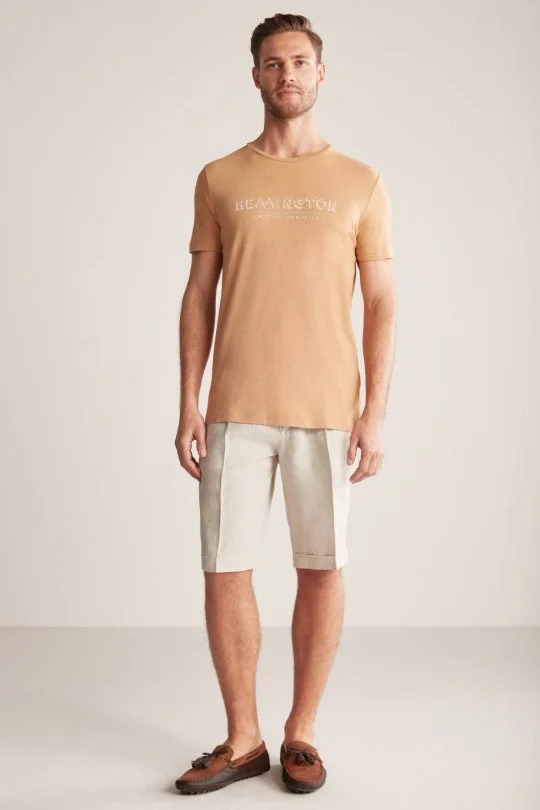 Hemington - Hemington Baskılı Keten Pamuk Karışım Camel T-Shirt (1)