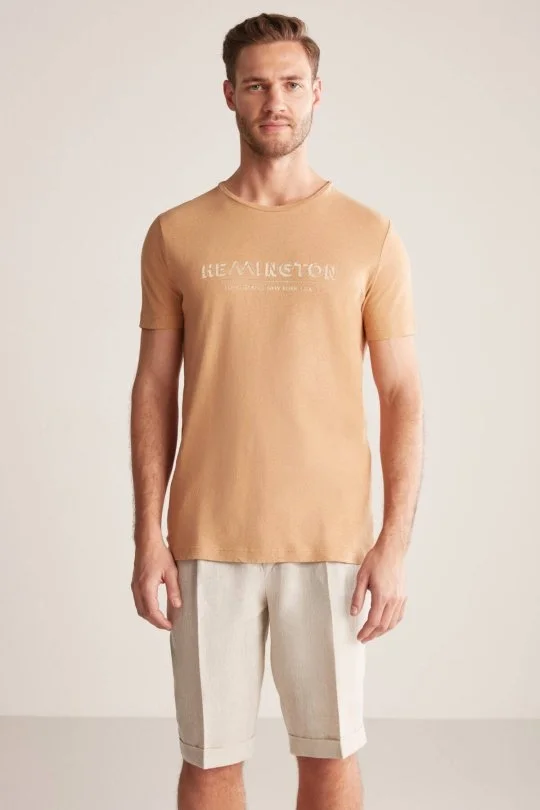 Hemington - Hemington Baskılı Keten Pamuk Karışım Camel T-Shirt (3)