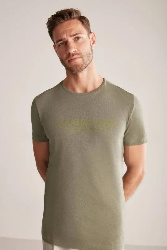 Hemington - Hemington Baskılı Keten Pamuk Karışım Haki T-Shirt (4)