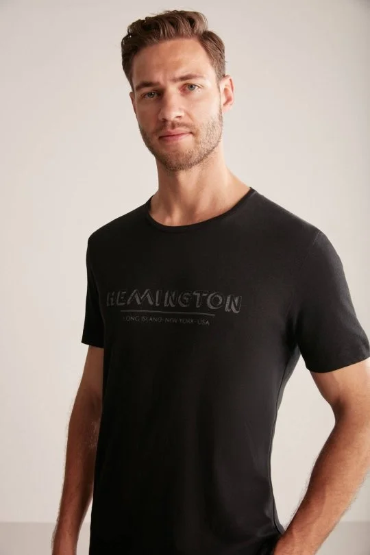Hemington - Hemington Baskılı Keten Pamuk Karışımlı Siyah T-Shirt