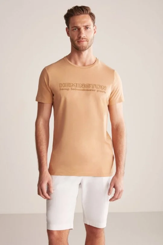 Hemington - Hemington Kabartma Baskılı Kum Rengi Pima Pamuk T-Shirt