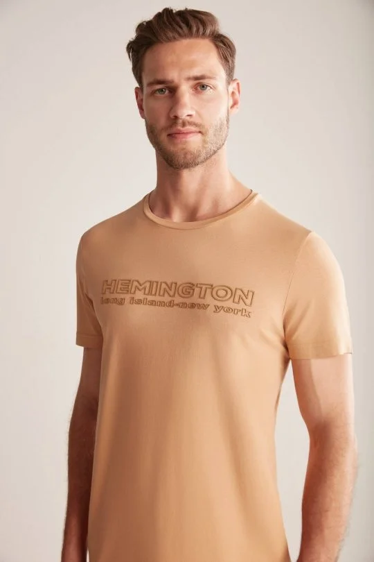 Hemington - Hemington Kabartma Baskılı Kum Rengi Pima Pamuk T-Shirt (3)