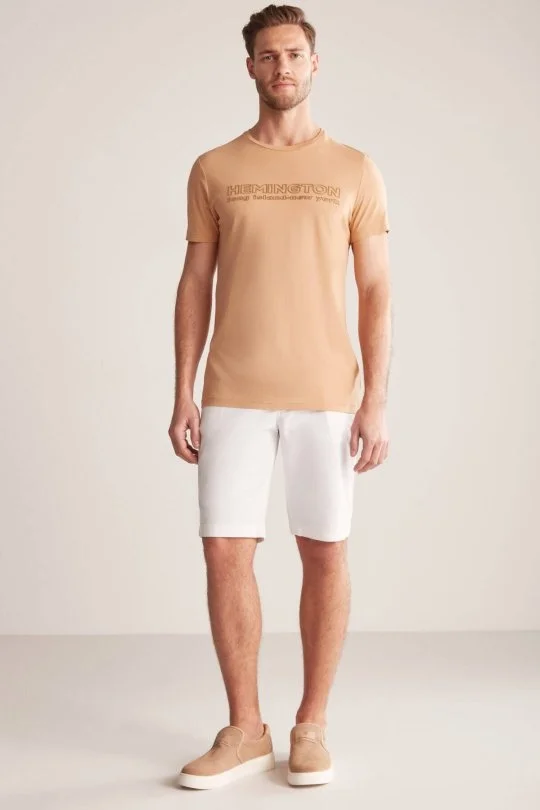 Hemington - Hemington Kabartma Baskılı Kum Rengi Pima Pamuk T-Shirt (1)