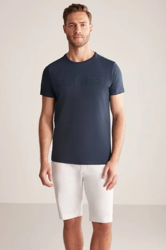 Hemington - Hemington Kabartma Baskılı Lacivert Pima Pamuk T-Shirt