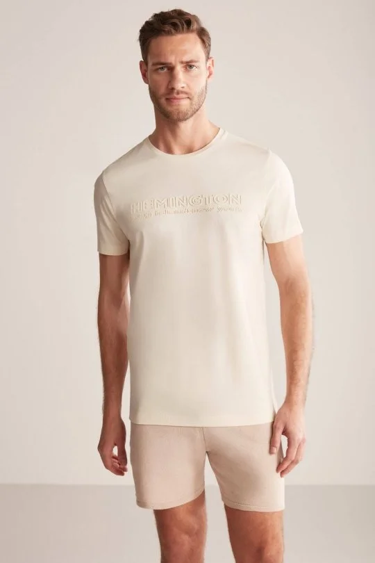 Hemington - Hemington Kabartma Baskılı Krem Rengi Pima Pamuk T-Shirt