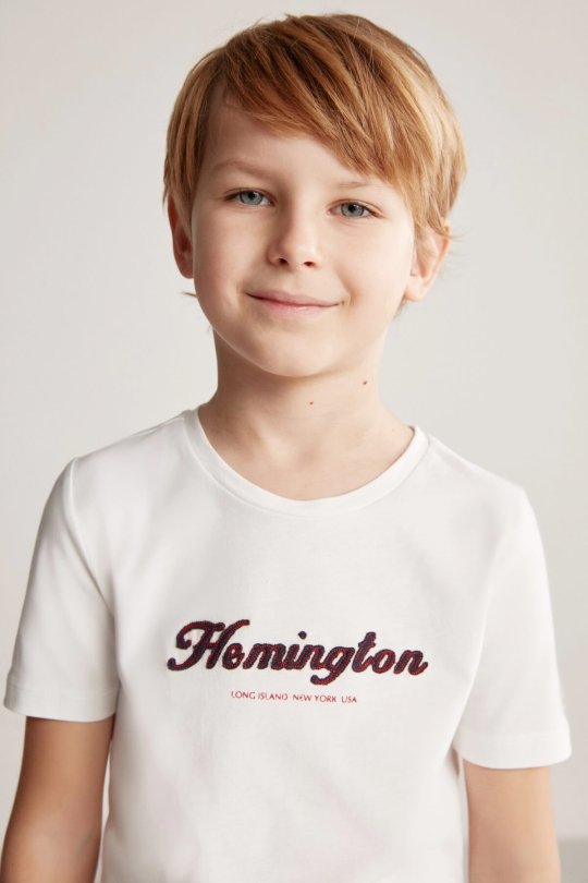 Hemington Logolu Bisiklet Yaka Beyaz Pamuk Çocuk T-Shirt