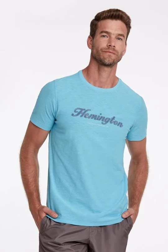 Hemington - Hemington Logolu Bisiklet Yaka Turkuaz Pamuk T-Shirt