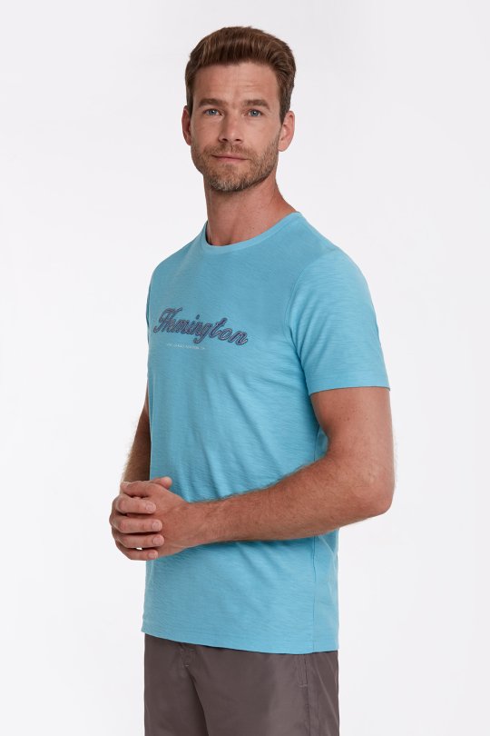 Hemington Logolu Bisiklet Yaka Turkuaz Pamuk T-Shirt