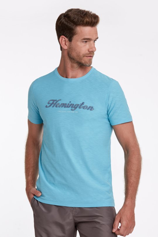 Hemington Logolu Bisiklet Yaka Turkuaz Pamuk T-Shirt