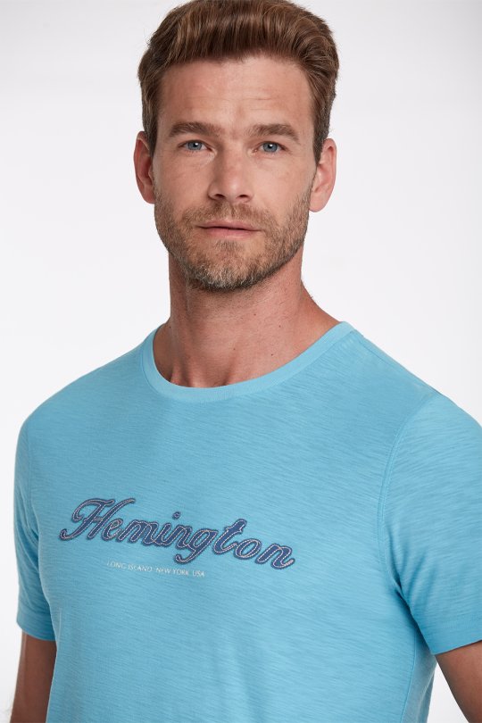 Hemington Logolu Bisiklet Yaka Turkuaz Pamuk T-Shirt