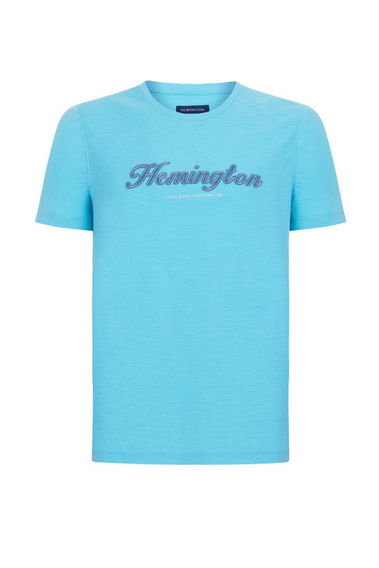 Hemington Logolu Bisiklet Yaka Turkuaz Pamuk T-Shirt