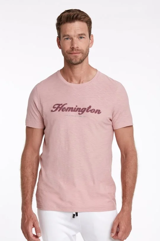 Hemington - Hemington Logolu Bisiklet Yaka Pembe Pamuk T-Shirt