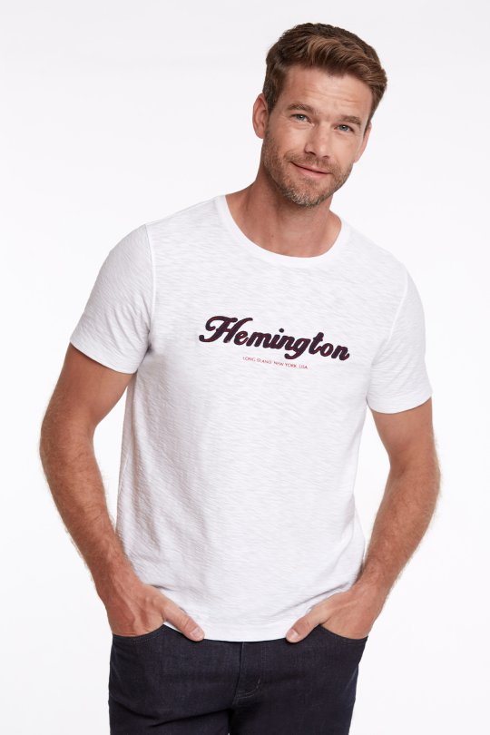 Hemington Logolu Bisiklet Yaka Kırık Beyaz Pamuk T-Shirt