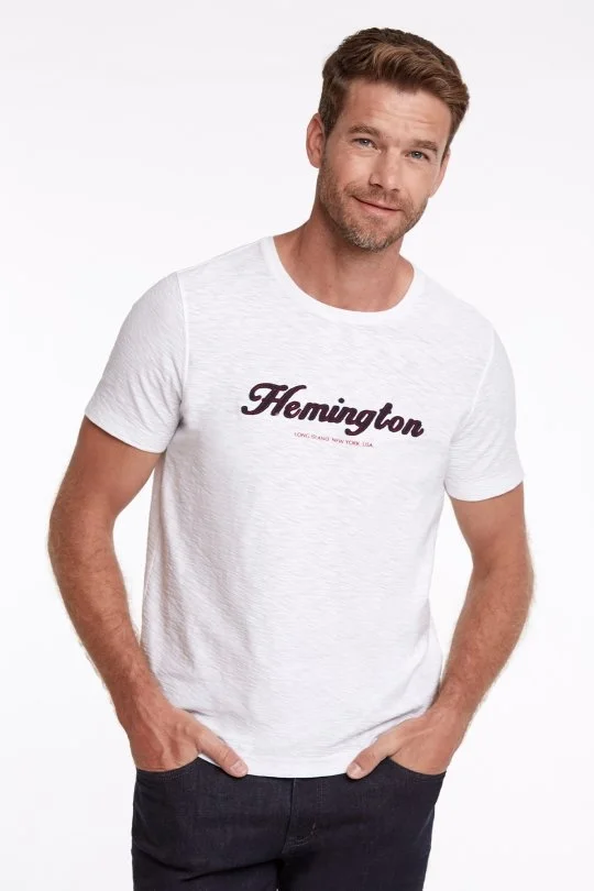 Hemington - Hemington Logolu Bisiklet Yaka Kırık Beyaz Pamuk T-Shirt