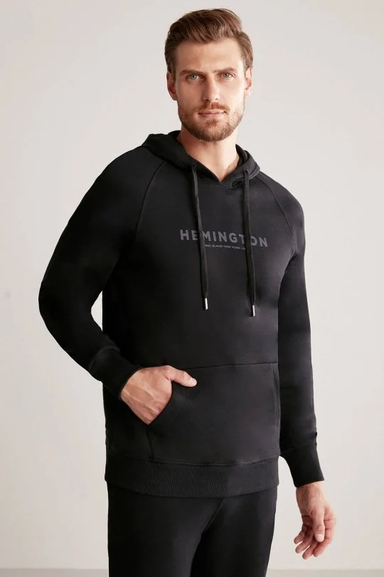 Hemington - Hemington Logolu Kapüşonlu Siyah Hoody