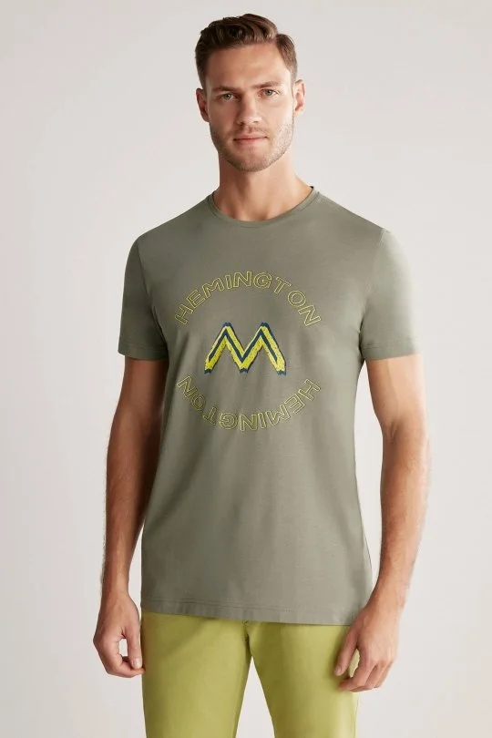 Hemington - Hemington Logolu Pima Pamuk Haki T-Shirt