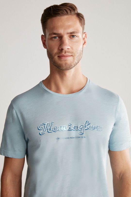 Hemington Nakış Logolu Bisiklet Yaka Mavi Pamuk T-Shirt