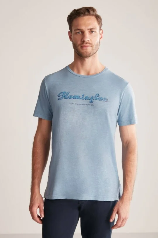 Hemington - Hemington Nakış Logolu Bisiklet Yaka Mavi Pamuk T-Shirt