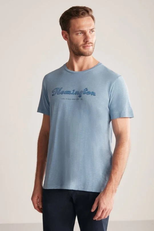 Hemington - Hemington Nakış Logolu Bisiklet Yaka Mavi Pamuk T-Shirt (3)